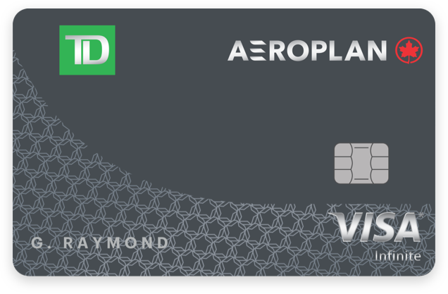 Image of TD Aeroplan Visa Infinite Card. Its a Grey Colored Card with White Textured Design in bottom left and Aeroplan, TD, VISA Infinite, and Card Holder's name On it